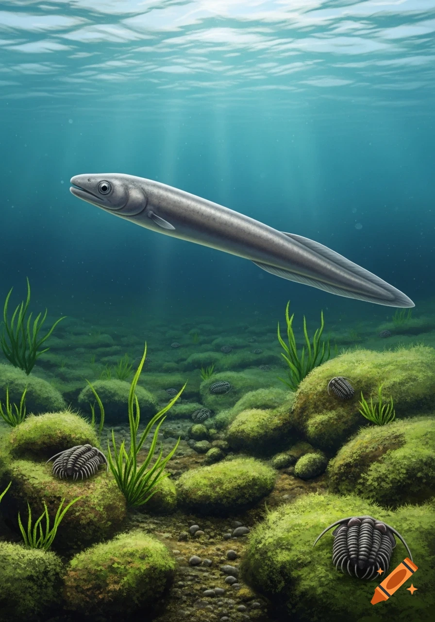 A Haikouichthys swims in Cambrian seas above a rocky, algae-covered seafloor with trilobites.