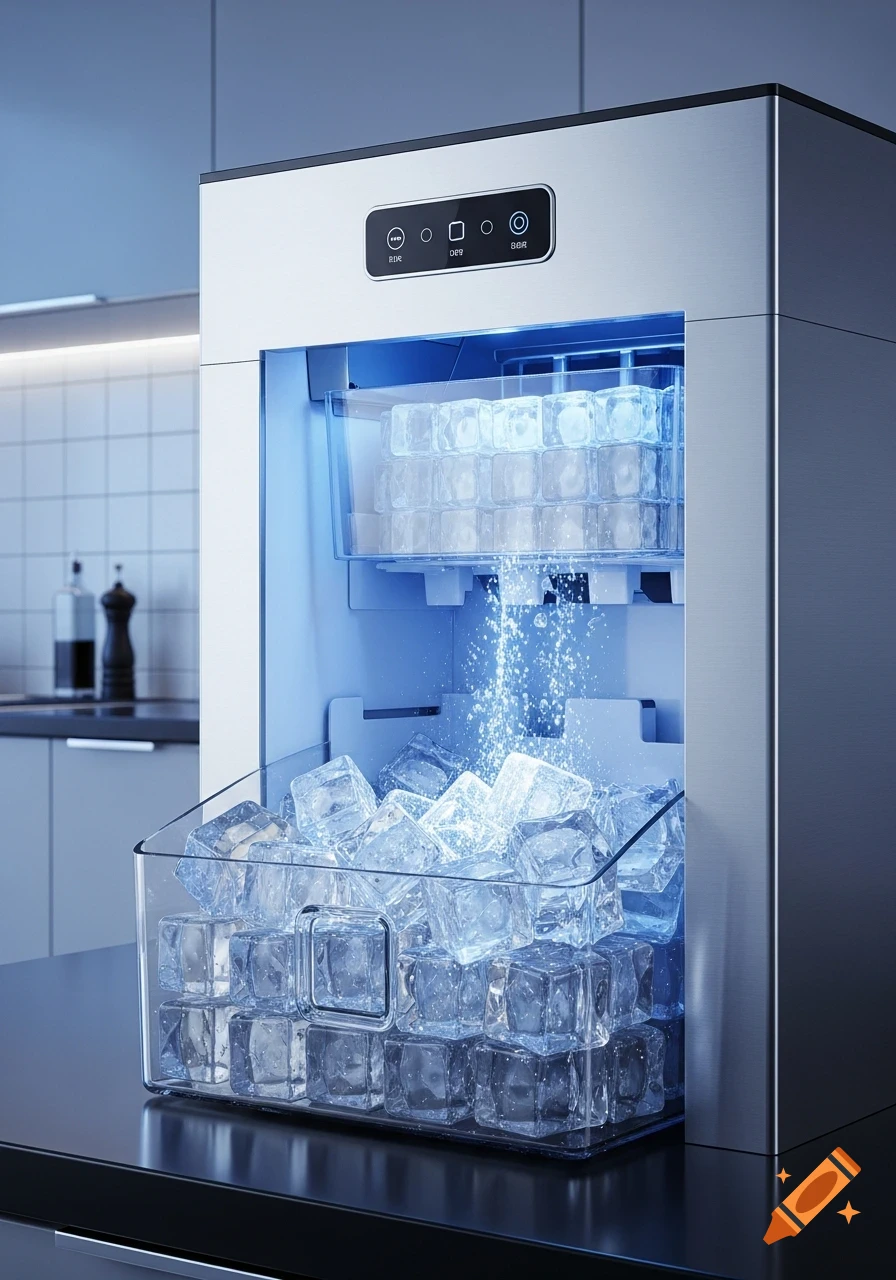 A modern stainless steel ice maker fills a clear bucket with ice cubes in a contemporary kitchen.