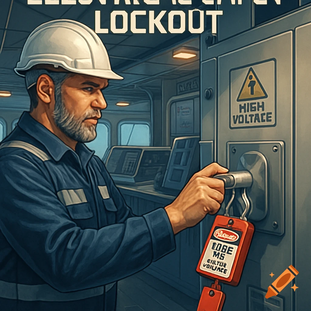 An illustration of a bearded man in a hard hat and blue uniform performing an electrical lockout on a control panel, with a 'High Voltage' warning sign.