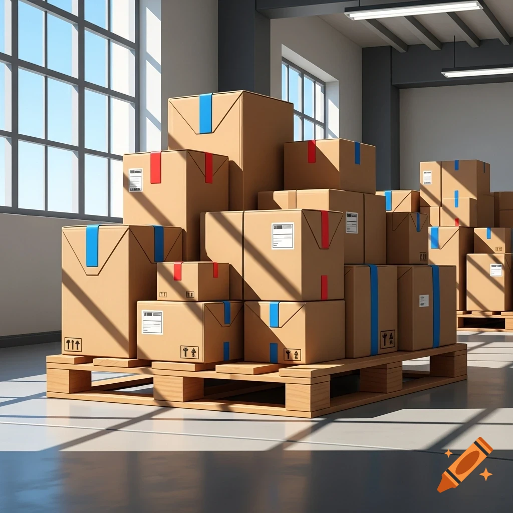 Stacks of cardboard shipping boxes with red and blue tape sit on wooden pallets in a sunlit warehouse with large windows.