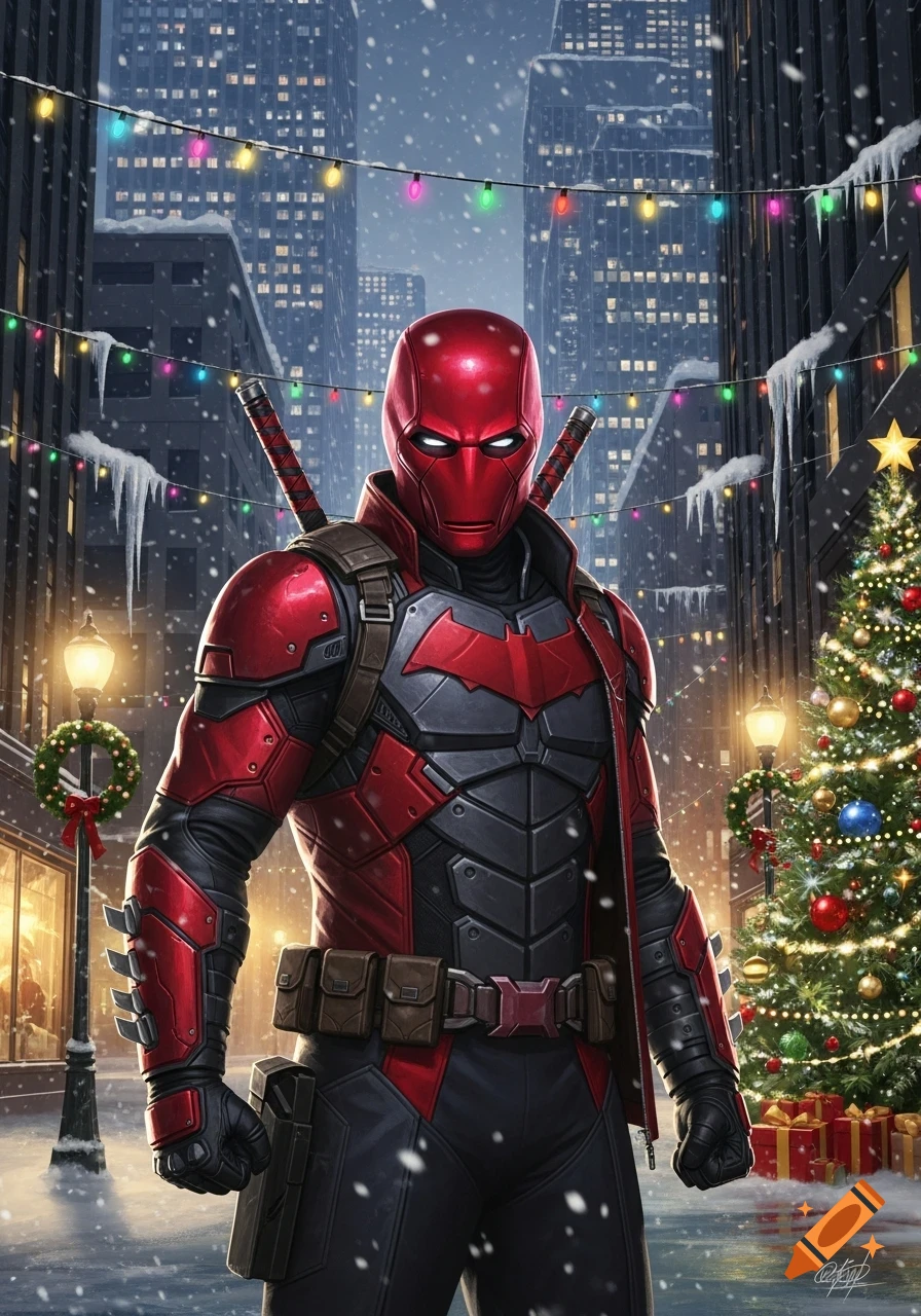 Red Hood in his red and black suit stands on a snowy city street adorned with colorful Christmas lights and a decorated Christmas tree.