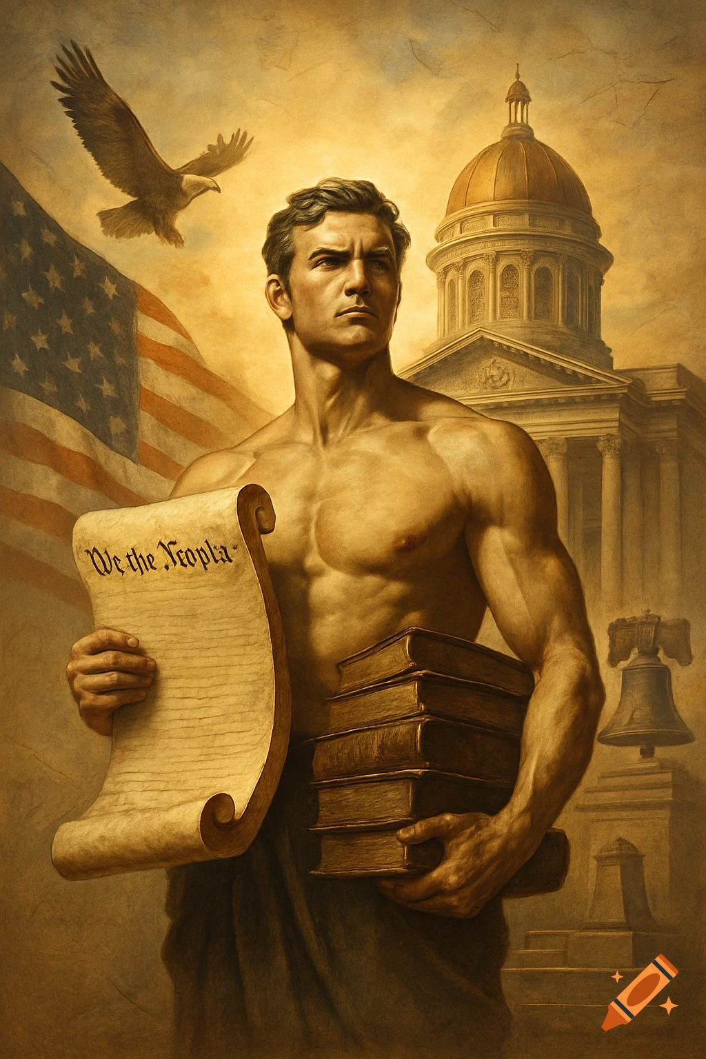 A muscular male figure holds a Constitution scroll and books against a backdrop of an American flag, capitol building, and eagle, in a patriotic painting style.