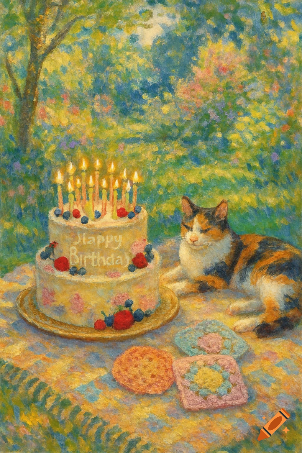 Impressionistic painting of a calico cat next to a 'Happy Birthday' cake with candles and berries on an outdoor picnic blanket.