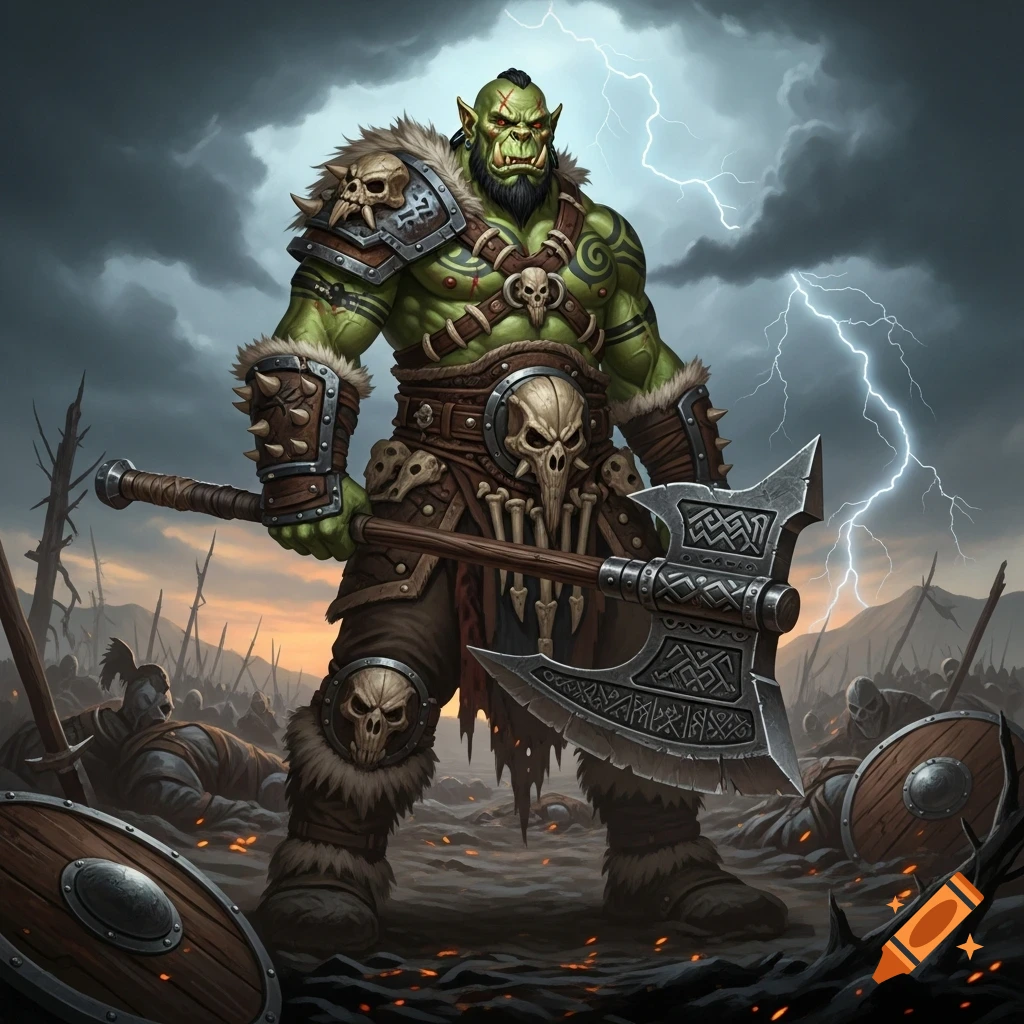 A muscular green orc warrior holds a large axe on a stormy battlefield with lightning and fallen foes in fantasy art.