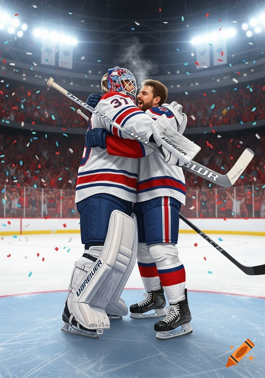 Digital illustration of two hockey players, a goalie and a skater, hugging on the ice amidst falling confetti, celebrating a victory in a brightly lit arena.