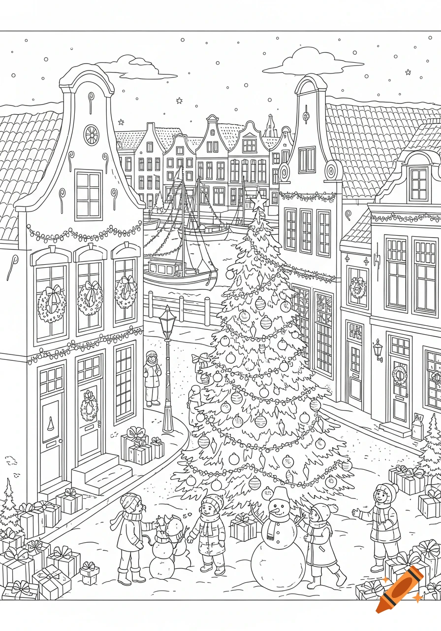 Black and white line art coloring page of a festive Dutch town with a large Christmas tree, children playing, and boats in a canal.