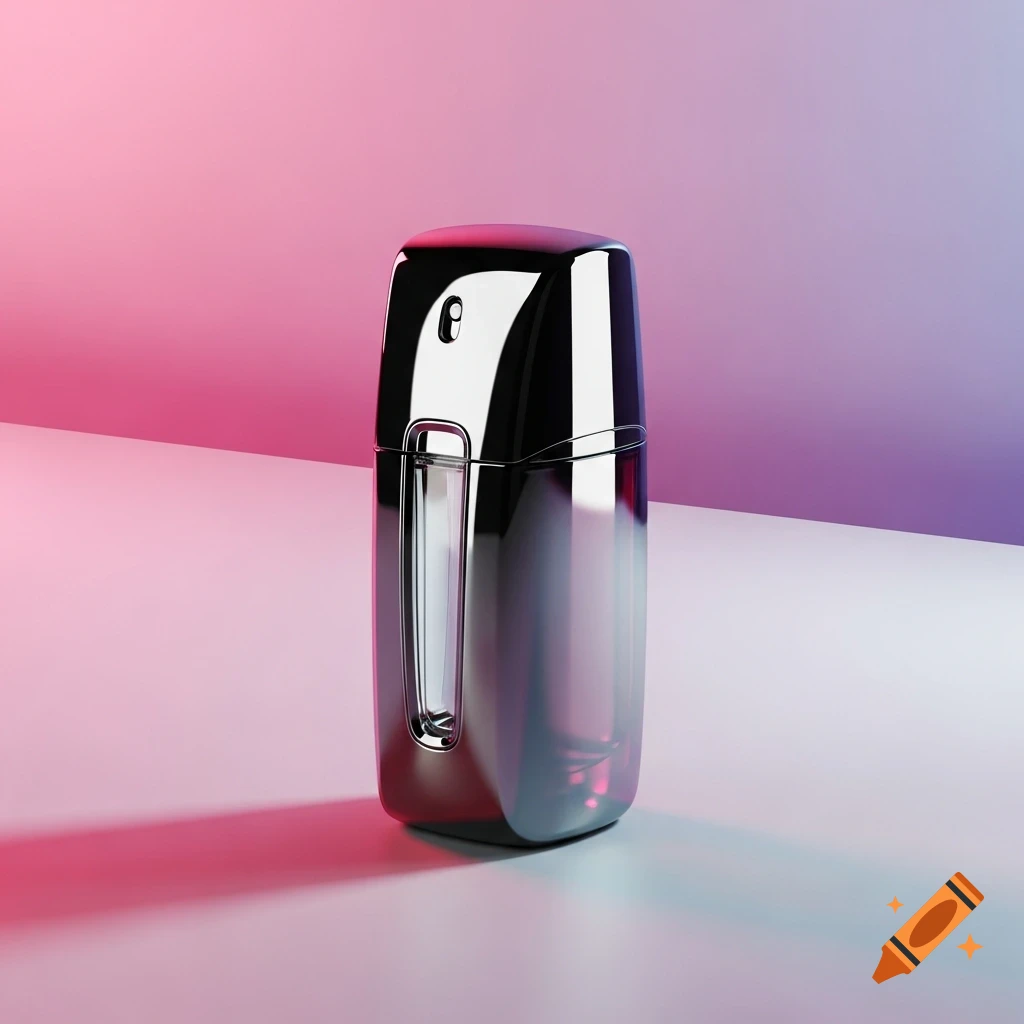 Sleek, dark, rectangular perfume bottle on a white surface with a pink and purple gradient background, reflecting light.