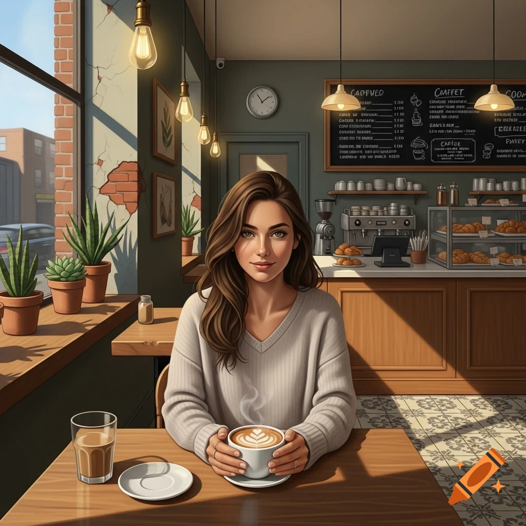 A young woman with long brown hair sips coffee with latte art at a sunlit wooden table in a cozy coffee shop.