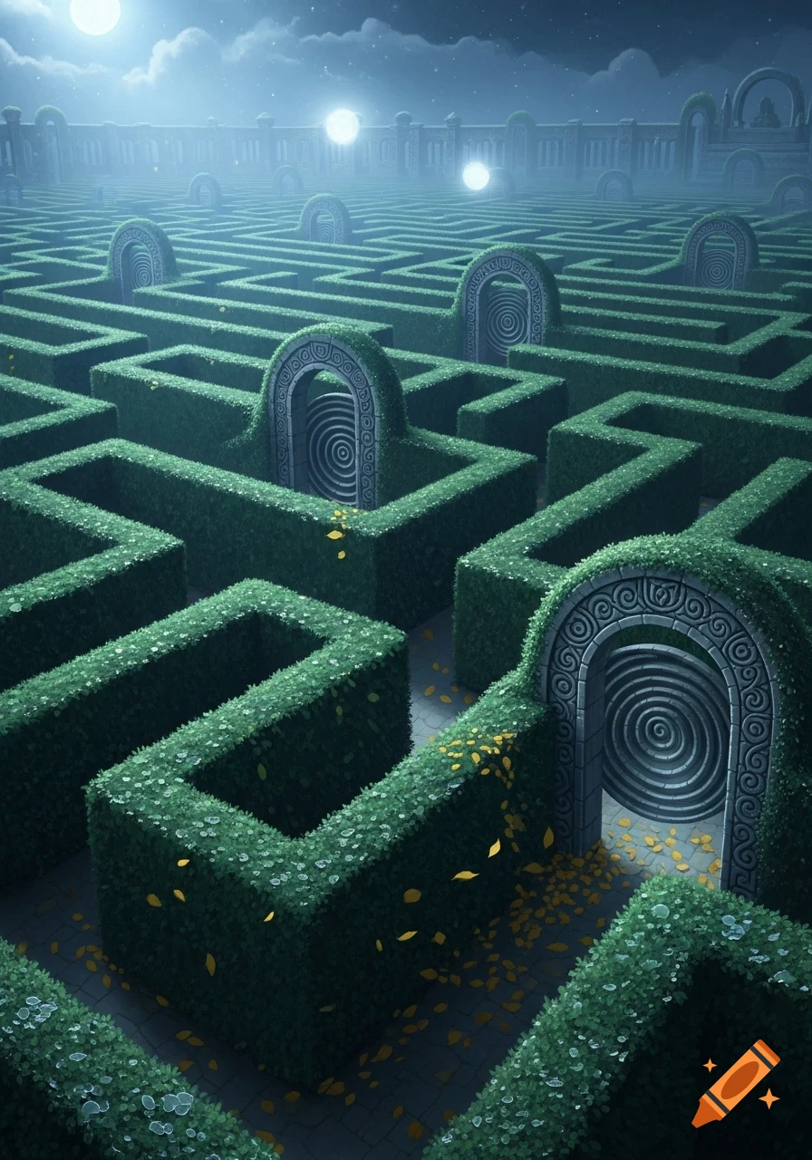 A moonlit hedge maze with ancient stone doorways featuring spiral patterns, glowing orbs, and scattered autumn leaves, under a starry night sky.