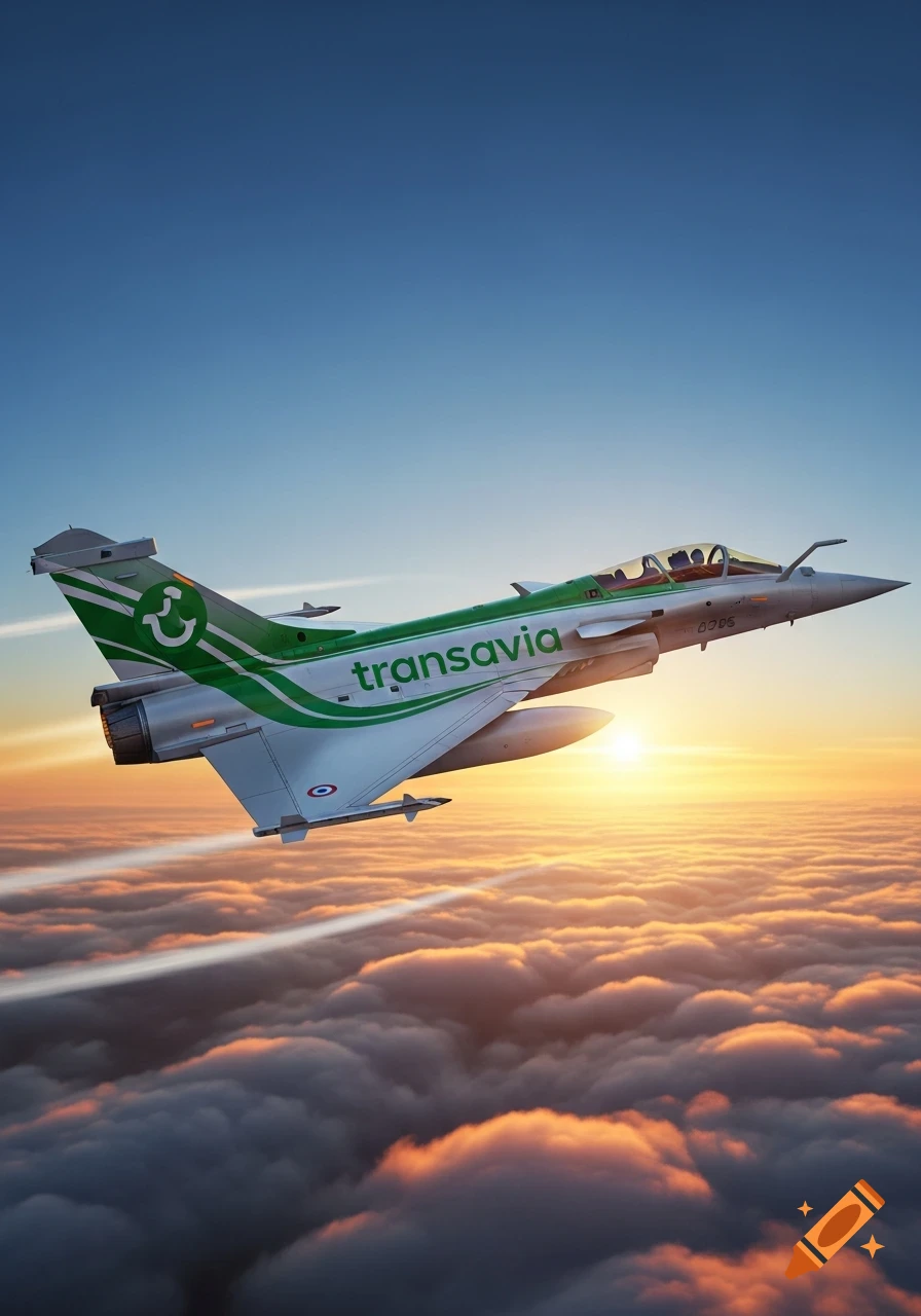 A photorealistic image of a Transavia-branded Rafale jet flying above golden clouds at sunset.