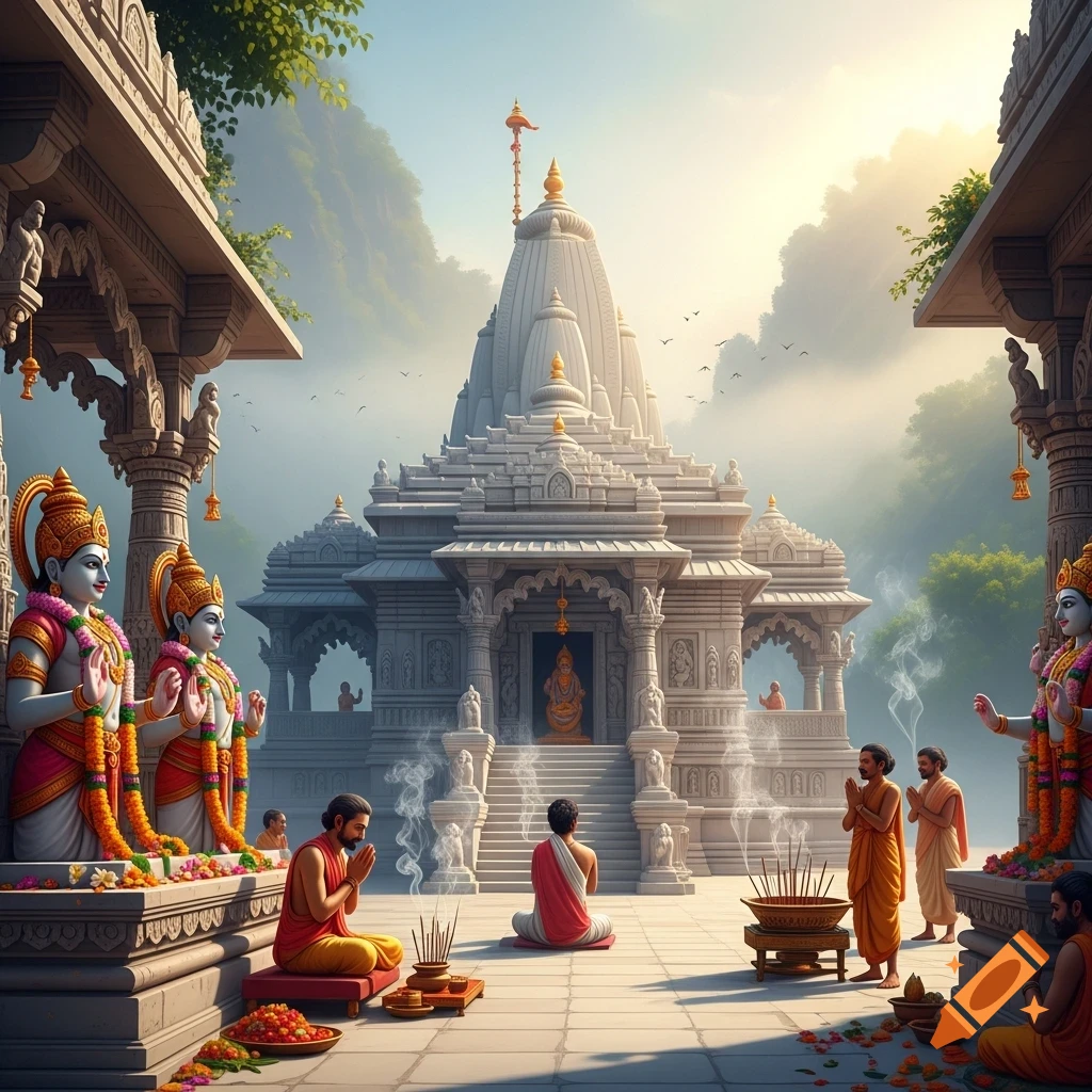 Devotees pray before a grand white Hindu temple with intricate carvings and rising incense smoke, set against misty mountains.