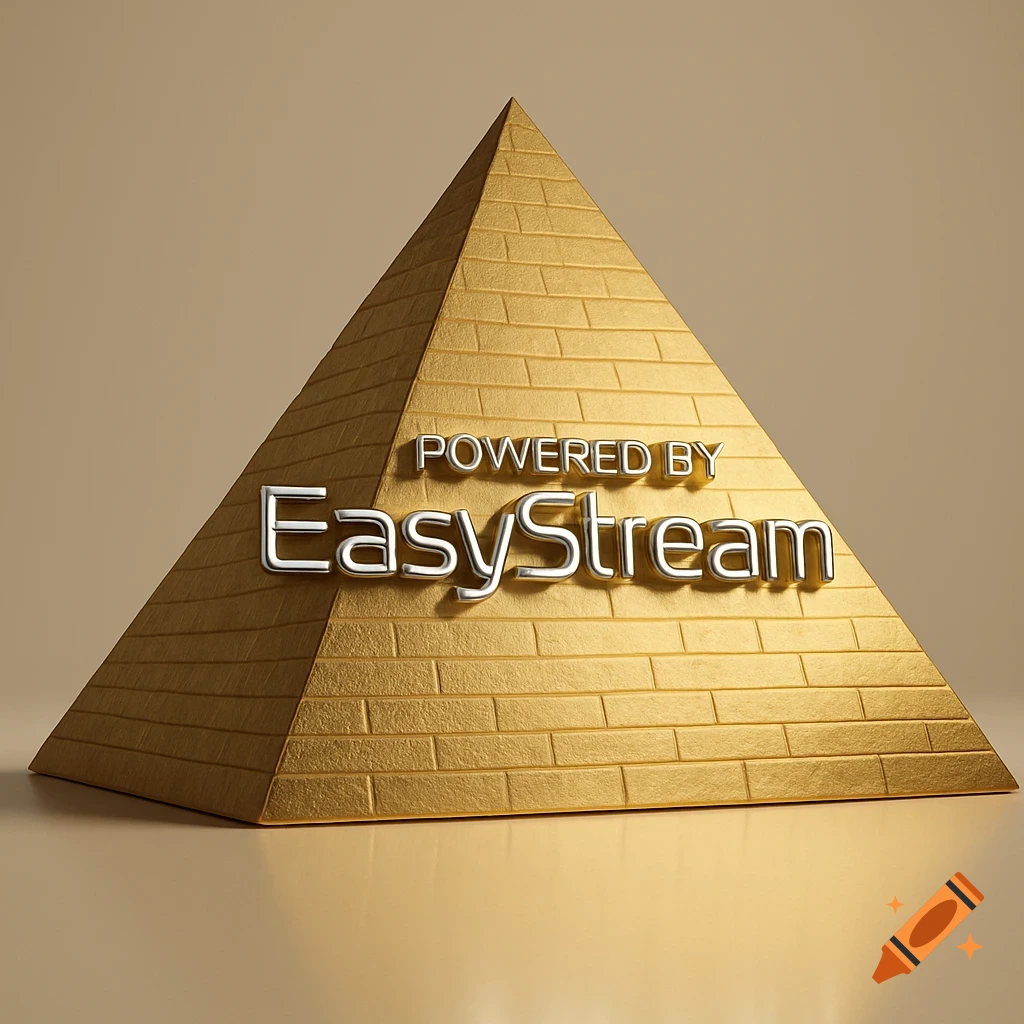 A golden 3D pyramid with the text 'POWERED BY EasyStream' in silver letters on one face.