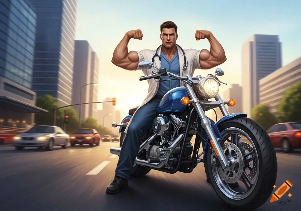 A muscular doctor in a white coat and stethoscope flexes on a blue motorcycle in a city street.