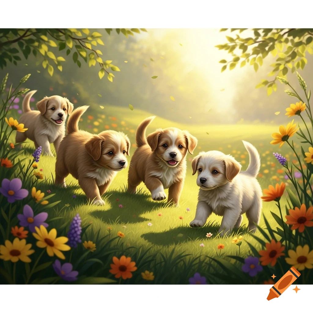 Four cute puppies run through a sunlit grassy field filled with colorful wildflowers.