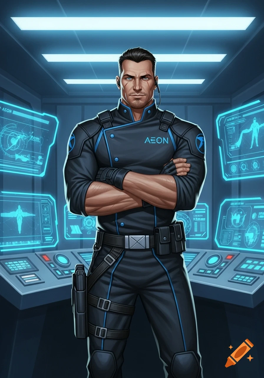 A rugged man in a black tactical uniform with blue accents stands with crossed arms in a sci-fi command center, rendered in a comic book art style.