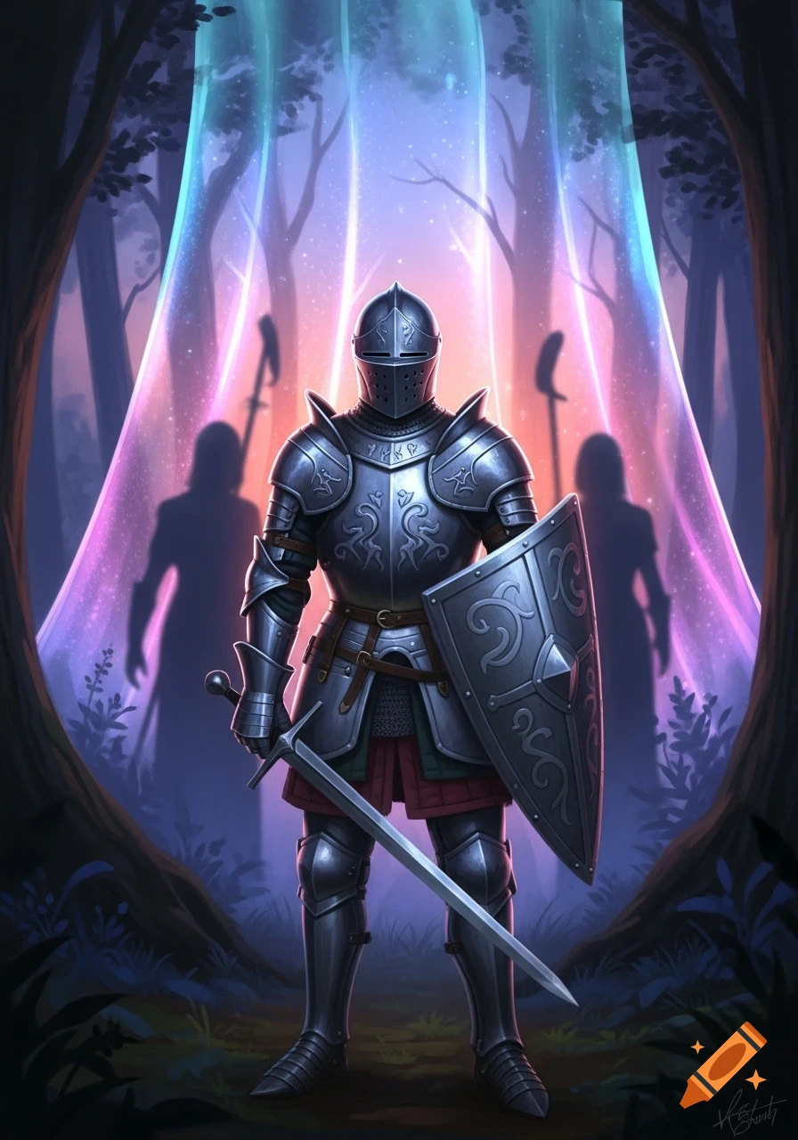 A knight in shining armor with a sword and shield stands in a magical forest with glowing transparent membranes and shadowy figures.