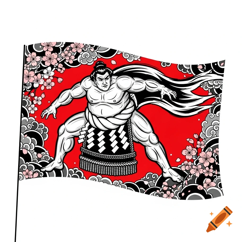 Illustration of a sumo wrestler on a waving red flag with cherry blossoms and Japanese clouds, in a bold tattoo art style.