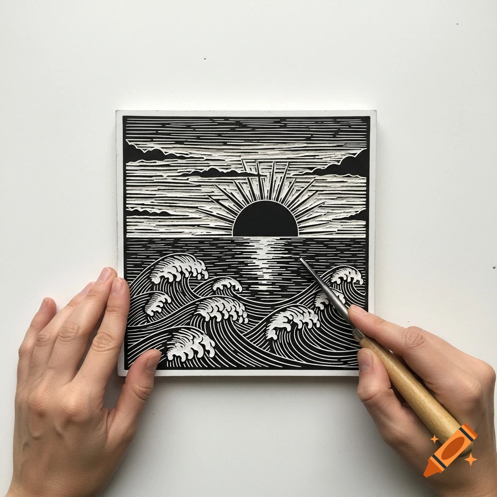 Two hands carving a linocut of a black and white sunset over a wavy sea, viewed from above.