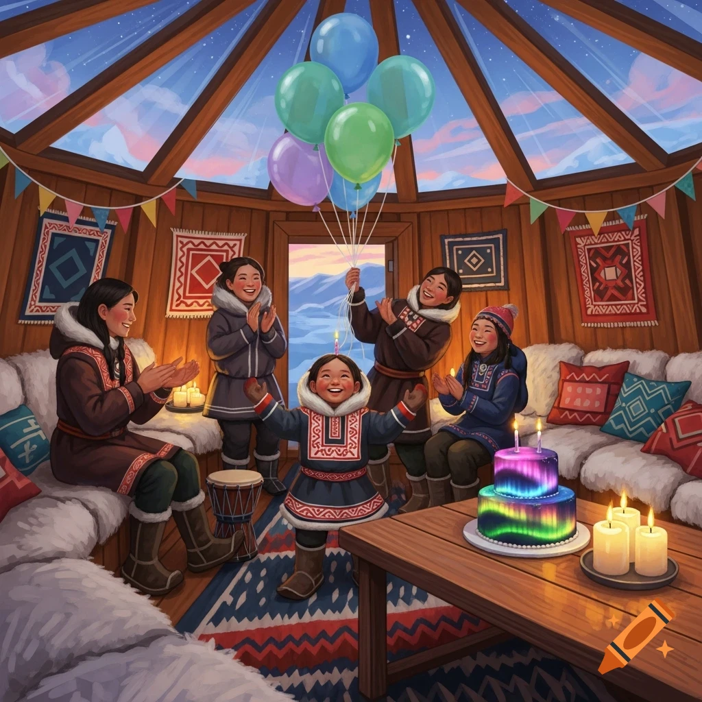 Indigenous family in traditional attire celebrating a birthday party with a colorful cake and balloons inside a cozy wooden structure.