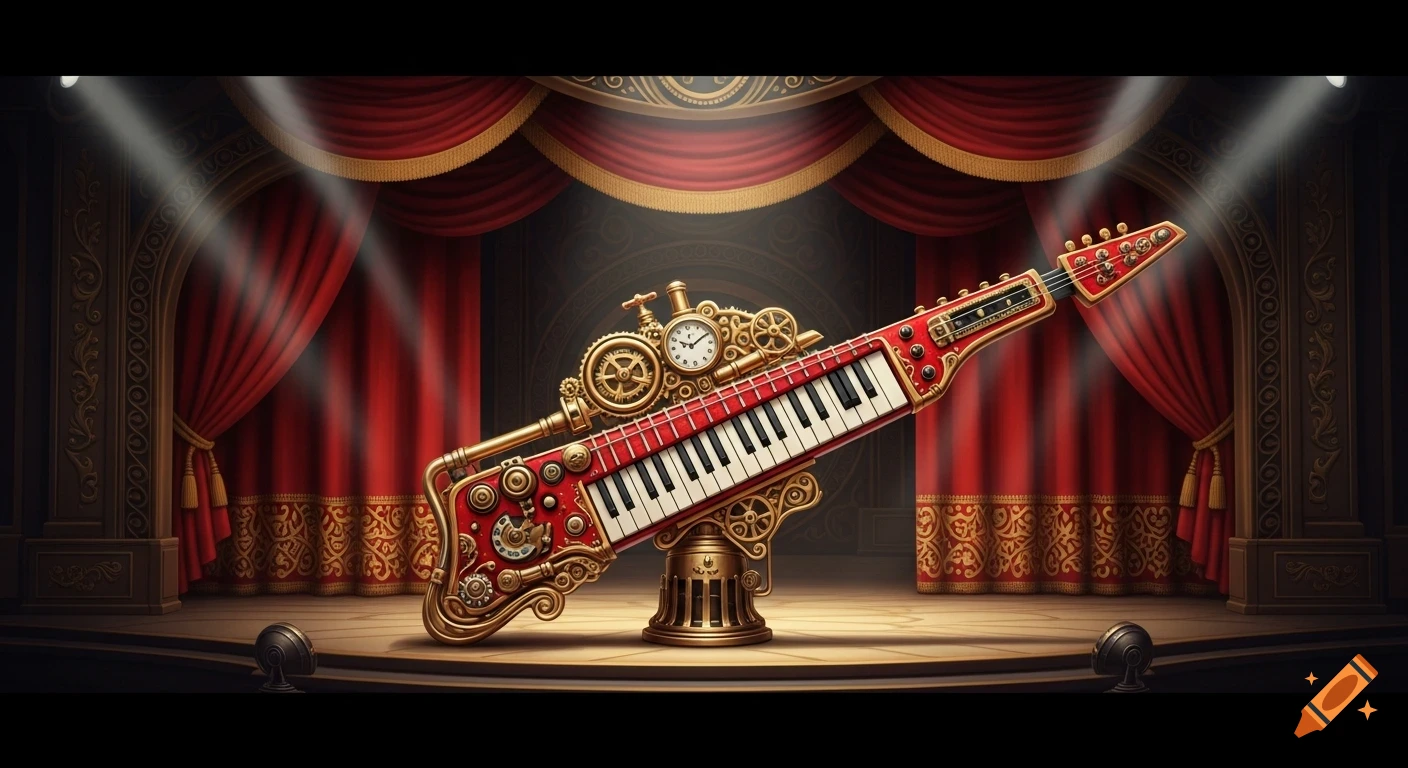 Highly detailed illustrated red steampunk keytar with gears and a clock, spotlighted on a stage with red curtains.