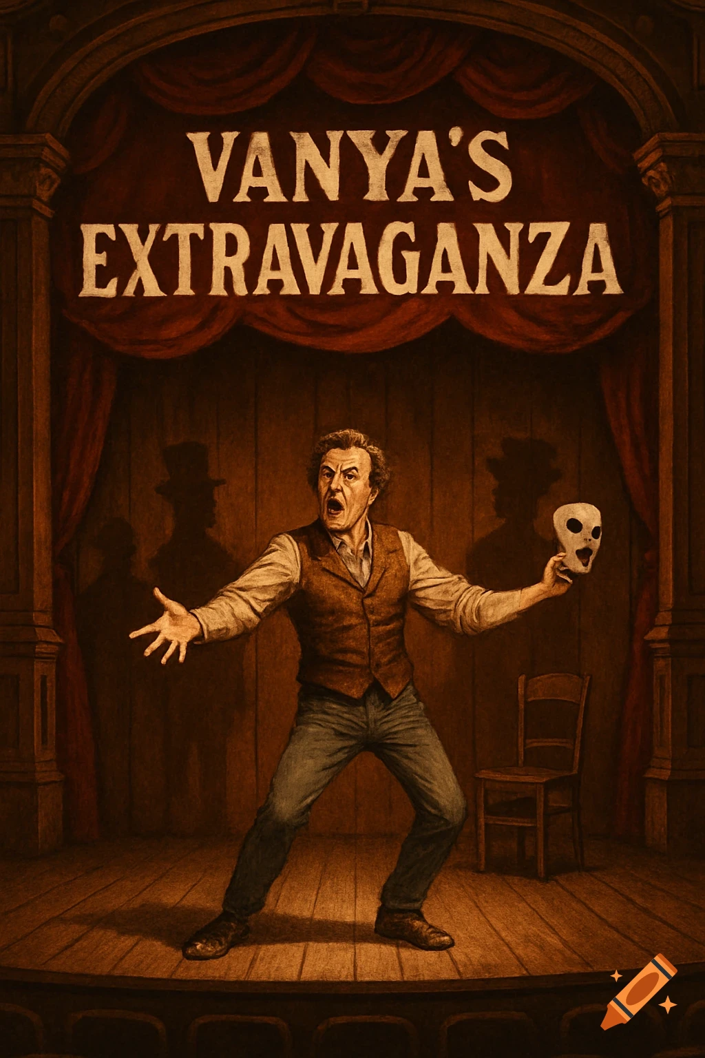 A dramatically gesturing man on a theater stage holds a mask under a banner reading 'VANYA'S EXTRAVAGANZA'.