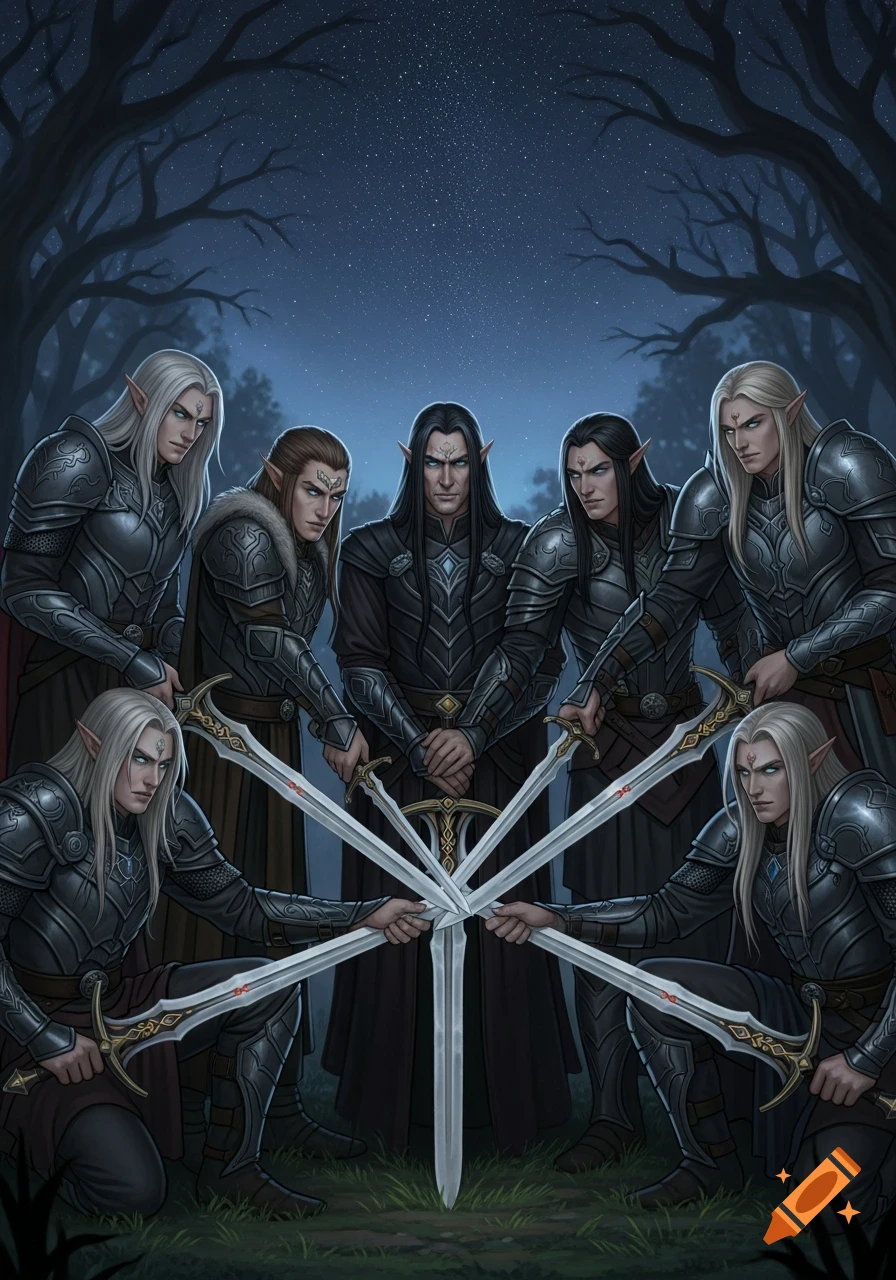 Seven armored male elves with long hair, some white and some dark, gather in a dark forest at night, pointing their swords together.