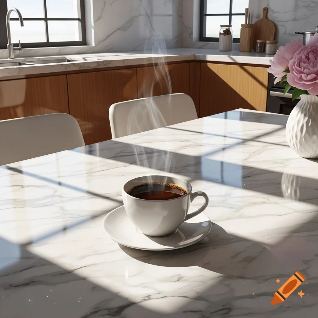 Steaming cup of coffee on a sunlit marble table in a modern kitchen with wooden cabinets and a window.