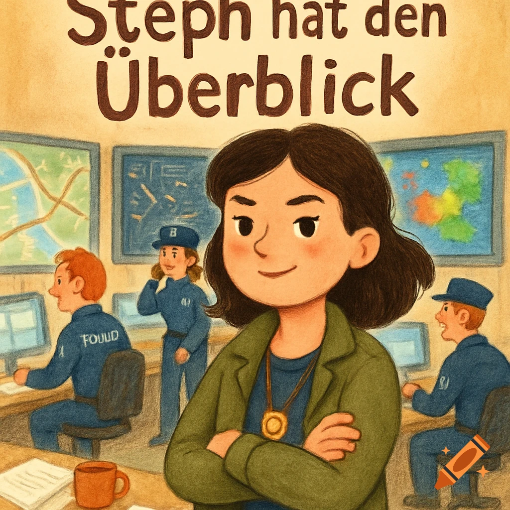 A cartoon-style illustration shows a female officer with crossed arms, smiling in a police control room with monitors. Other officers are working in the background. The title reads "Steph hat den Überblick".