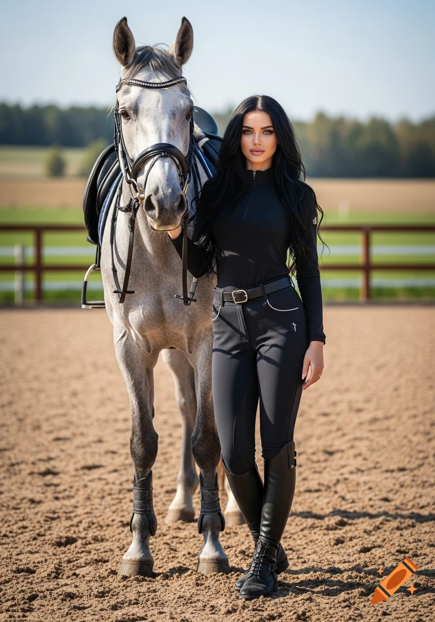 A photorealistic image of a woman with long dark hair in black riding clothes, standing next to a grey horse in an outdoor arena.