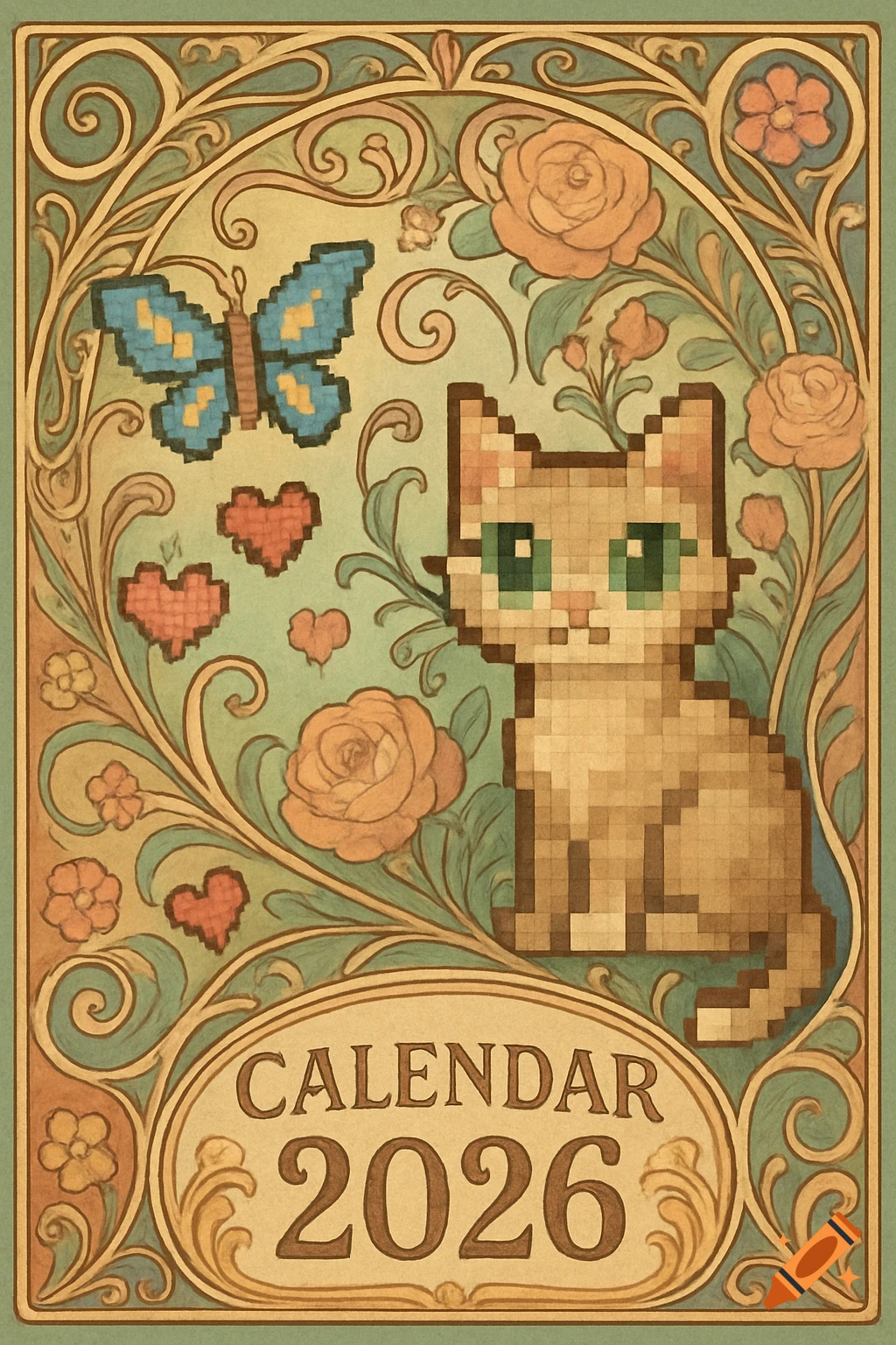 An Art Nouveau calendar cover for 2026 featuring a pixel art cat, butterfly, and hearts amidst floral motifs in soft vintage colors.
