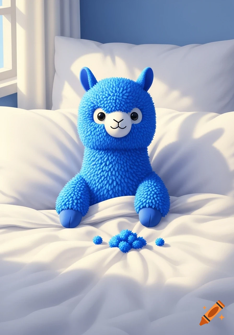 A vibrant blue fuzzy alpaca plush toy sits on a white bed with tiny blue fuzzy balls in front, in a bright bedroom.