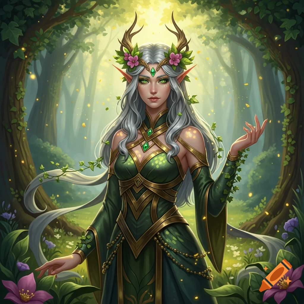 A detailed digital painting of a silver-haired elf woman with antlers and flowers in her hair, wearing a green and gold gown, standing in a magical forest.