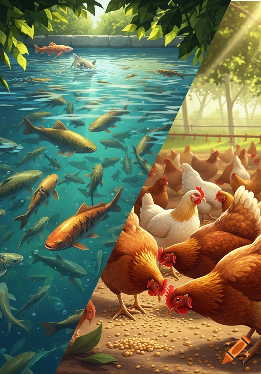Stylized split image showing fish in a pond on the left and chickens on a farm pecking at food on the right.
