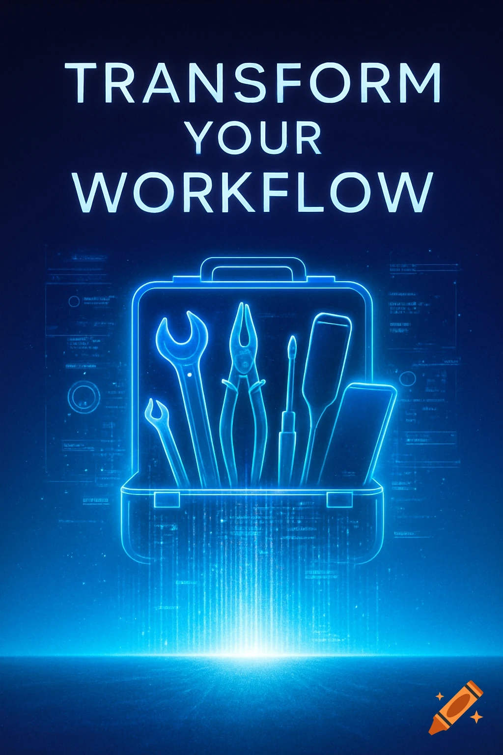 Digital blue glowing toolbox with tools, a smartphone, and data streams, with text 'TRANSFORM YOUR WORKFLOW' on a dark background.