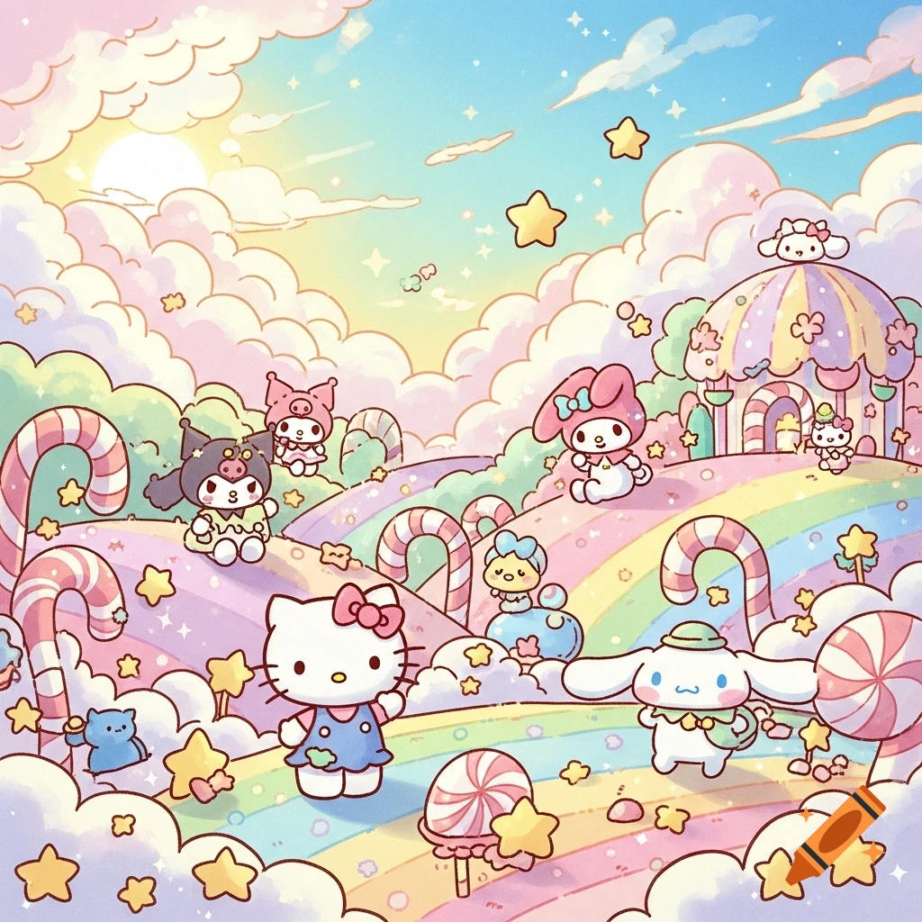 Sanrio characters like Hello Kitty and My Melody in a pastel candy land with rainbows and stars, in a kawaii cartoon style.