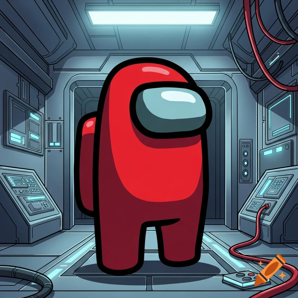 A red Among Us character stands in a spaceship hallway with control panels and wires, cartoon style.