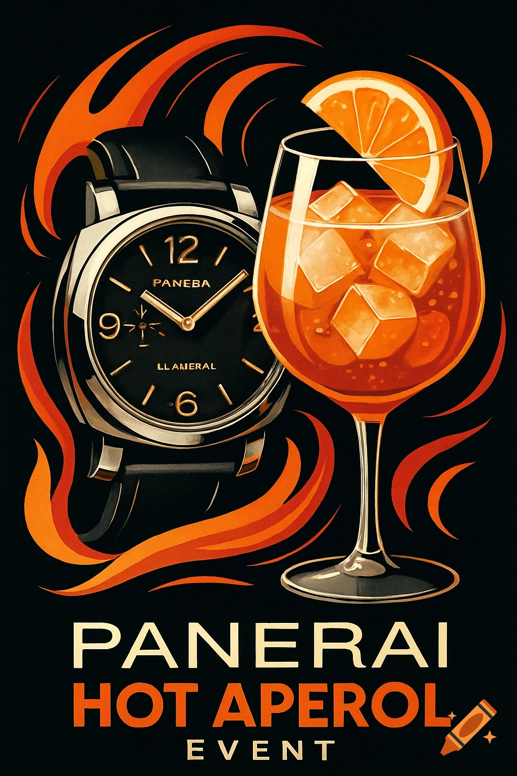 A graphic poster features a silver watch next to a glass of Aperol Spritz with ice and an orange slice, against a black and orange background with text "PANERAI HOT APEROL EVENT".