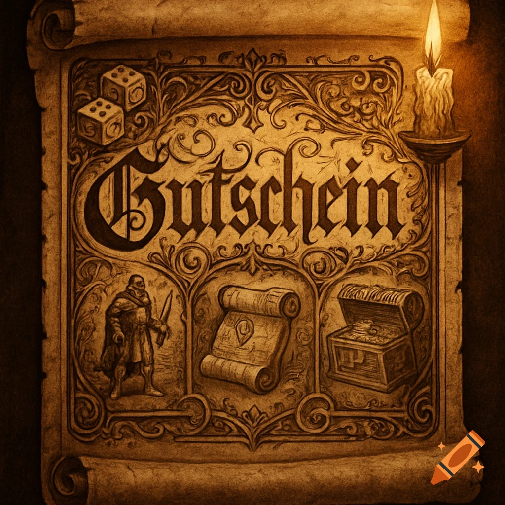 Ornate sepia-toned parchment scroll with 'Gutschein' text, dice, knight, map, treasure chest, and candle.