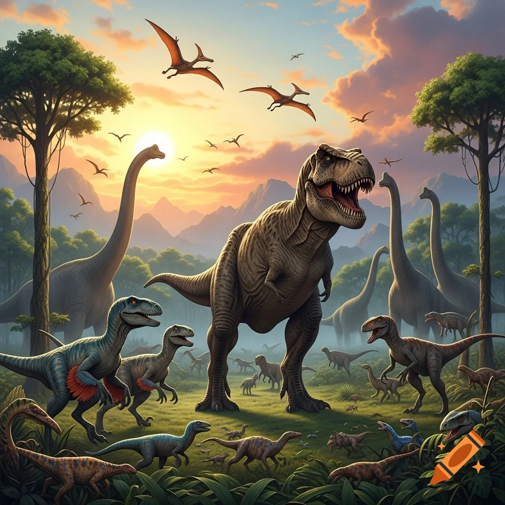 A diverse group of dinosaurs, including a large T-Rex, raptors, and long-necked sauropods, roam a lush prehistoric landscape at sunset.
