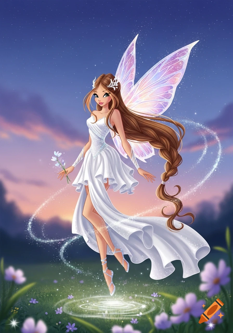 Cartoon fairy with long brown braided hair and iridescent wings in a white dress, floating over a magical field at dusk.