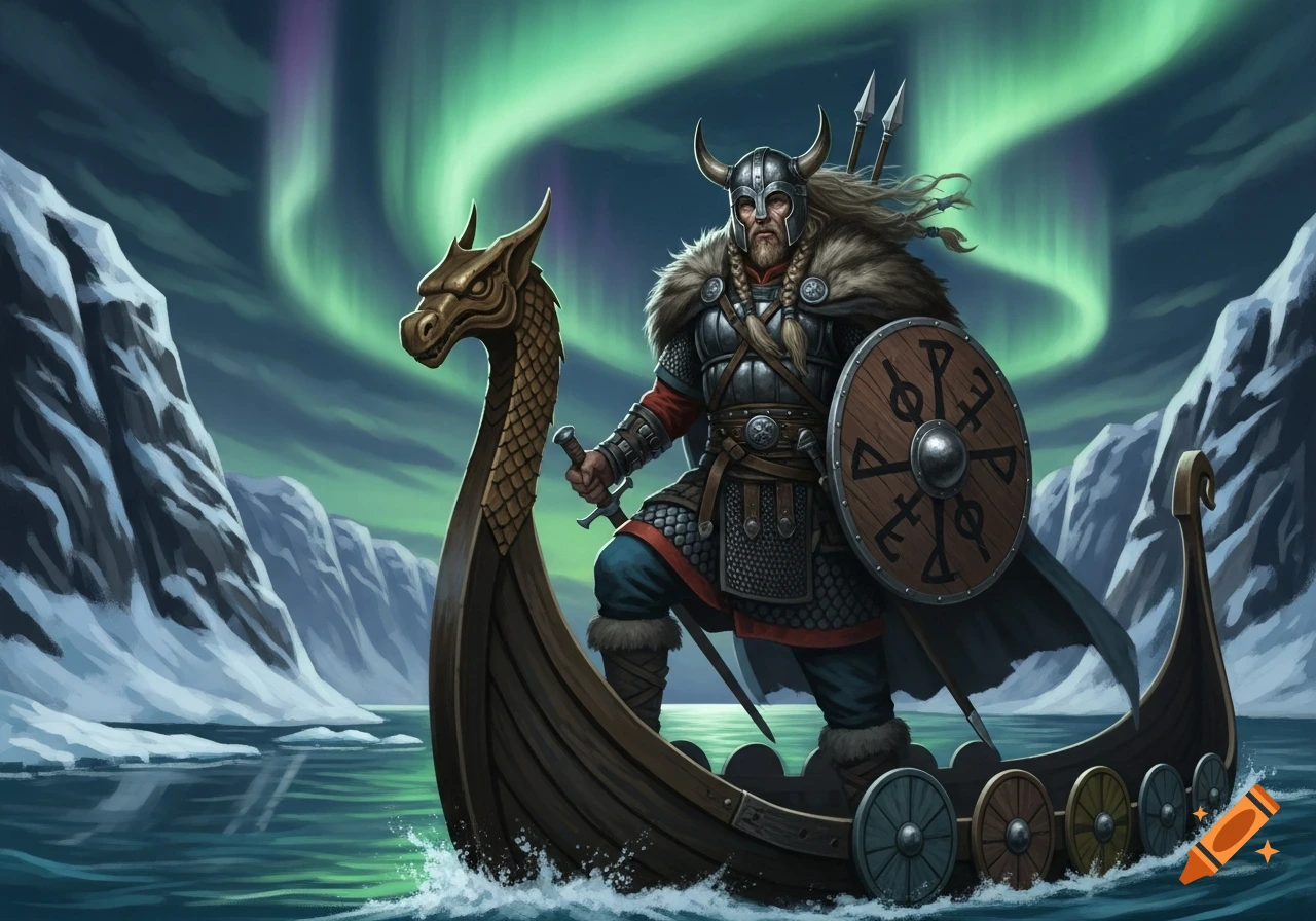 A mighty Viking warrior in a horned helmet stands on a longship, holding a sword and shield, under vibrant Northern Lights and snowy mountains.