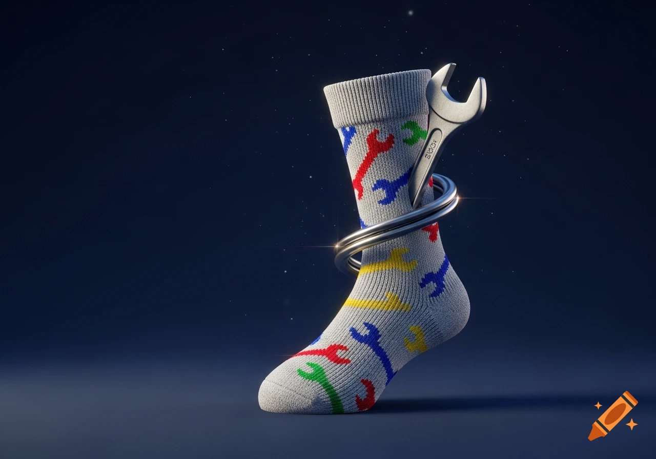 A grey sock with colorful wrench patterns has a silver wrench and metal ring wrapped around its ankle, against a dark blue background.