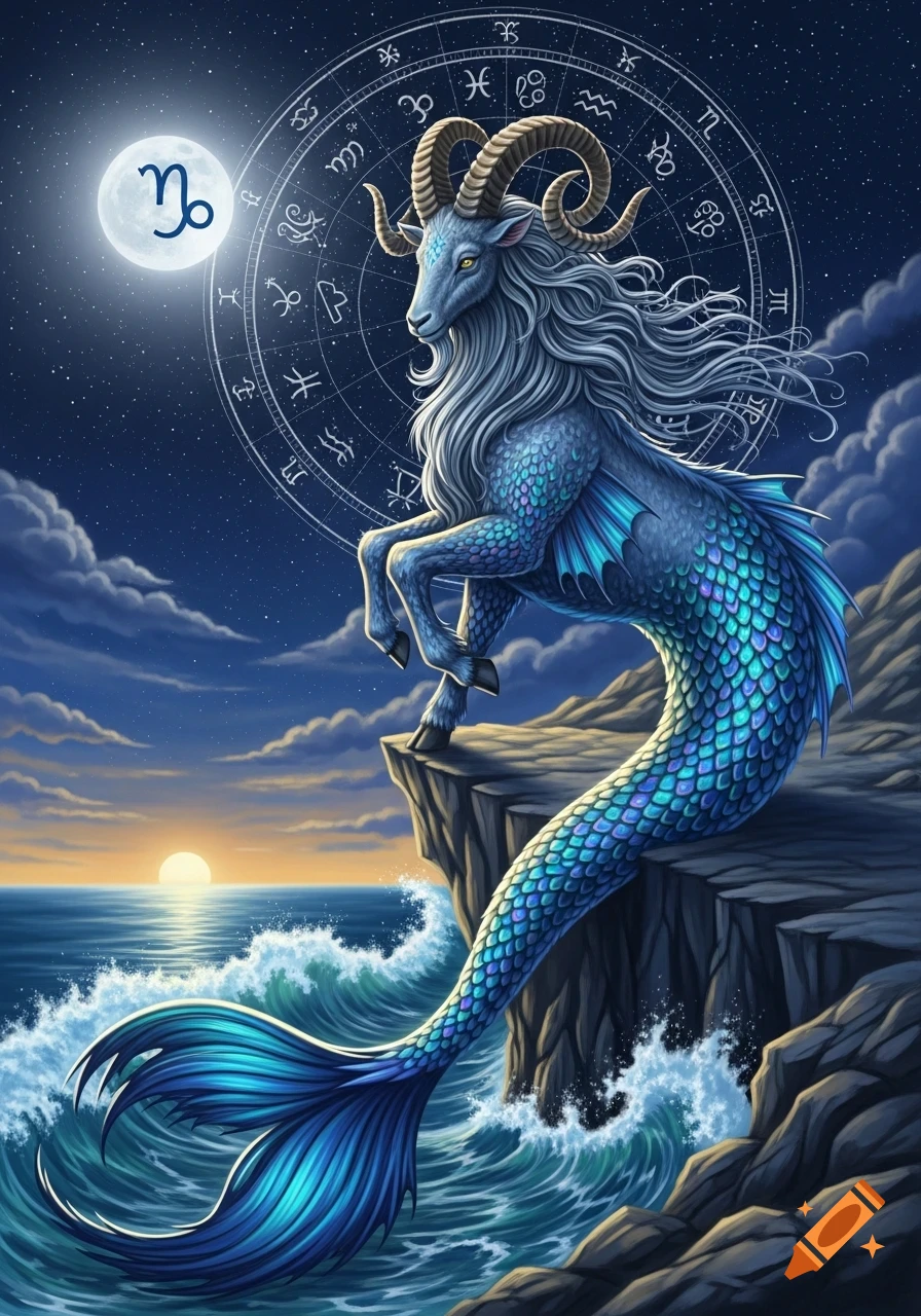 A fantasy illustration of a blue-scaled Capricorn sea-goat with ram horns on a cliff by a sunset ocean, under a starry sky with a zodiac wheel.