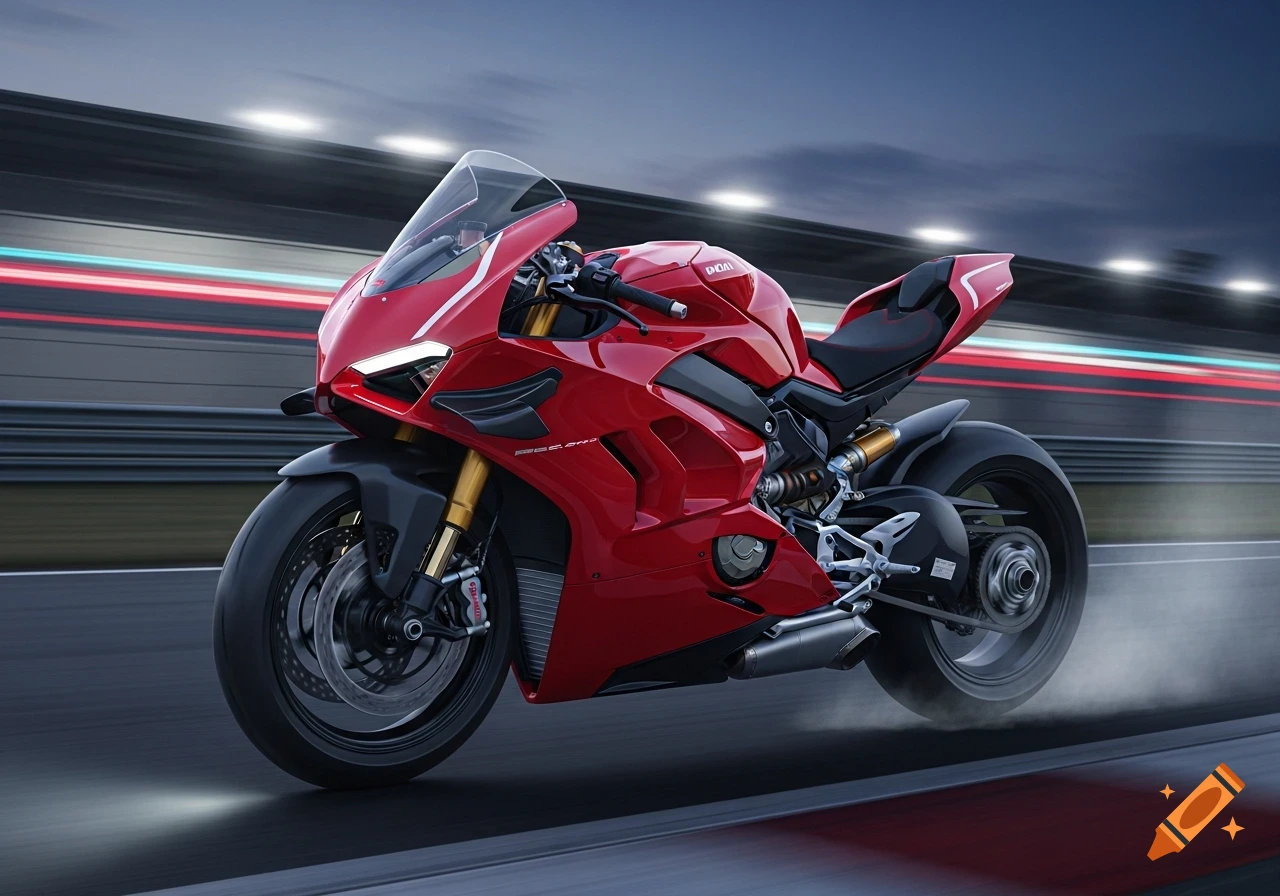 A sleek red Ducati Panigale V4 motorcycle speeding on a race track with motion blur in the background, captured in a photorealistic style.