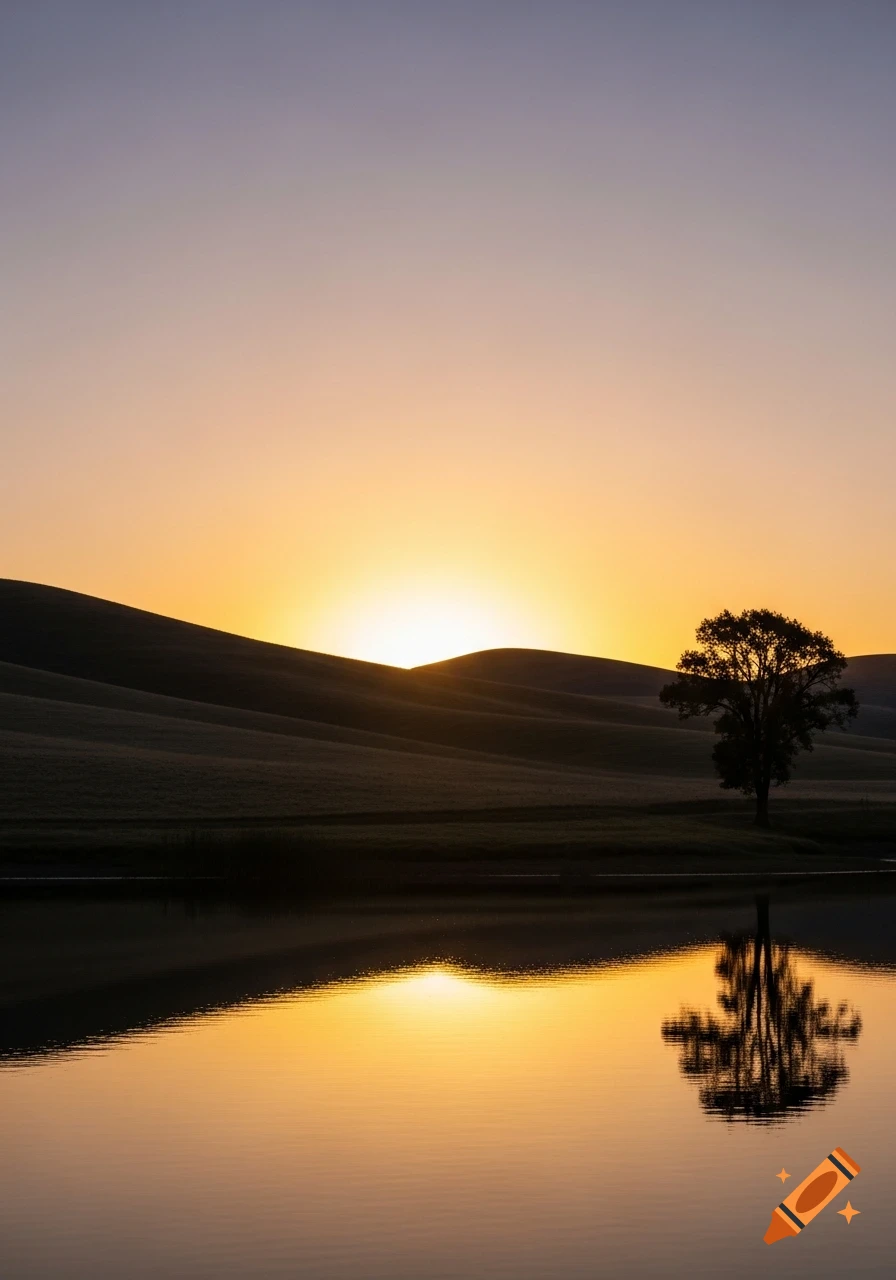 Photorealistic sunset over rolling hills, with a silhouetted tree ...