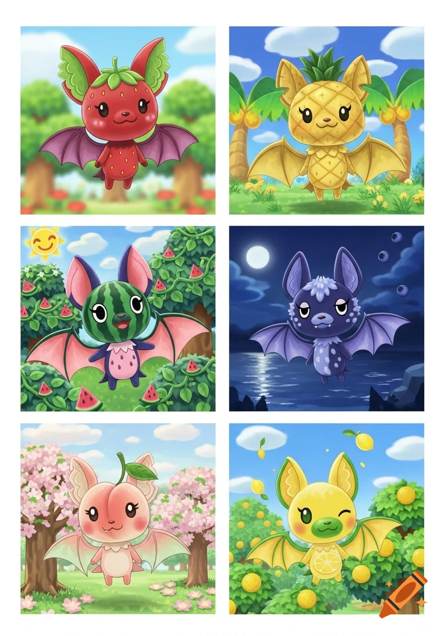 Six adorable fruit-themed bat villagers in the style of Animal Crossing, including strawberry, pineapple, watermelon, blueberry, peach, and lemon characters.