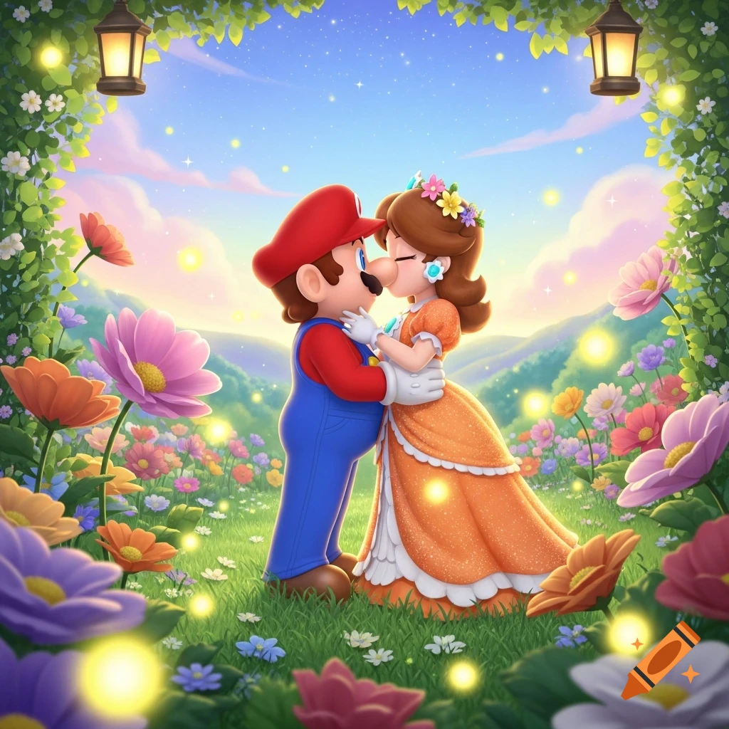 Cartoon Mario and Princess Daisy kissing in a vibrant, starry flower meadow framed by vines and lanterns.