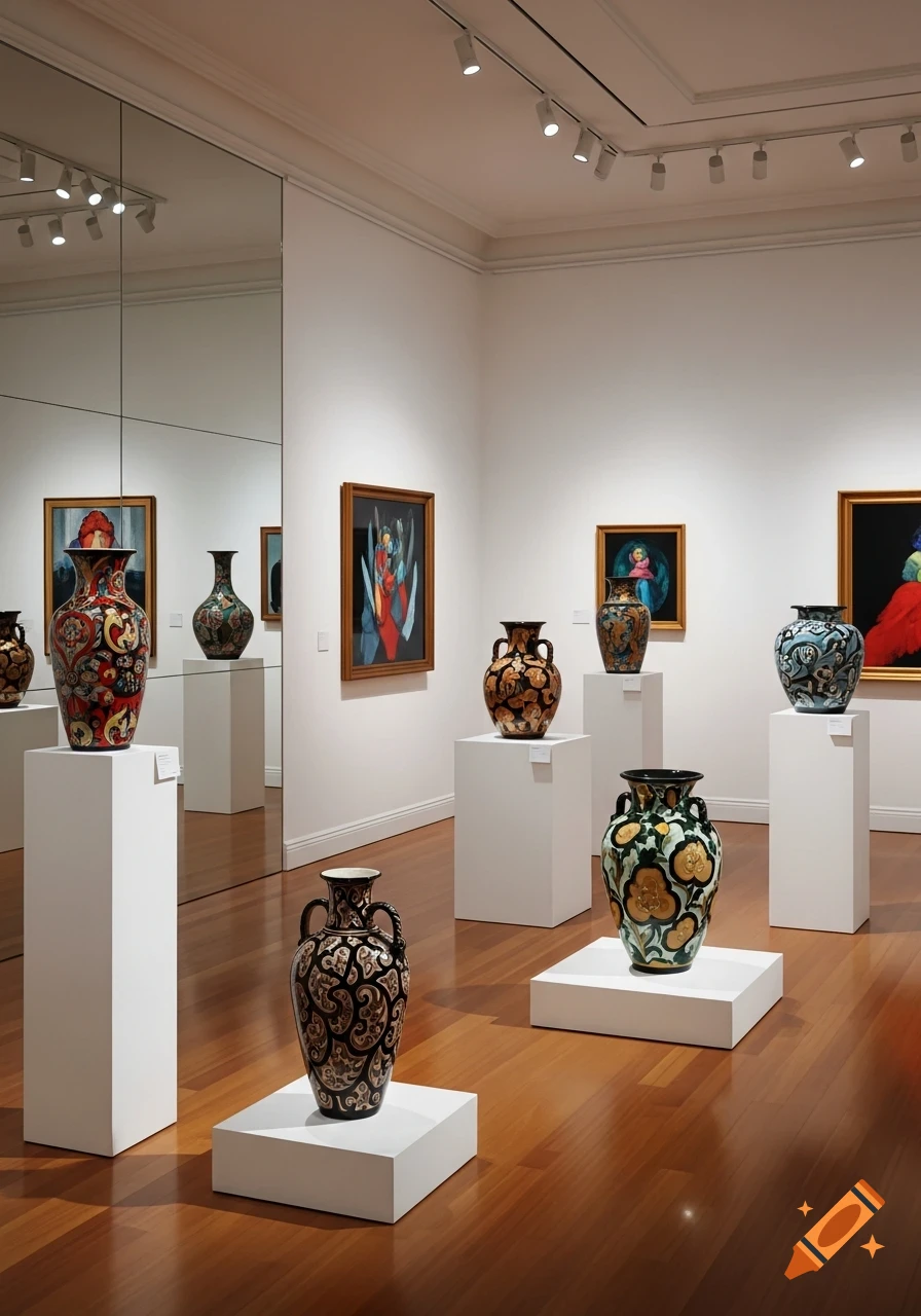 An art gallery showcases ornate ceramic vases on white pedestals and colorful framed paintings on the walls, with mirrored reflections.
