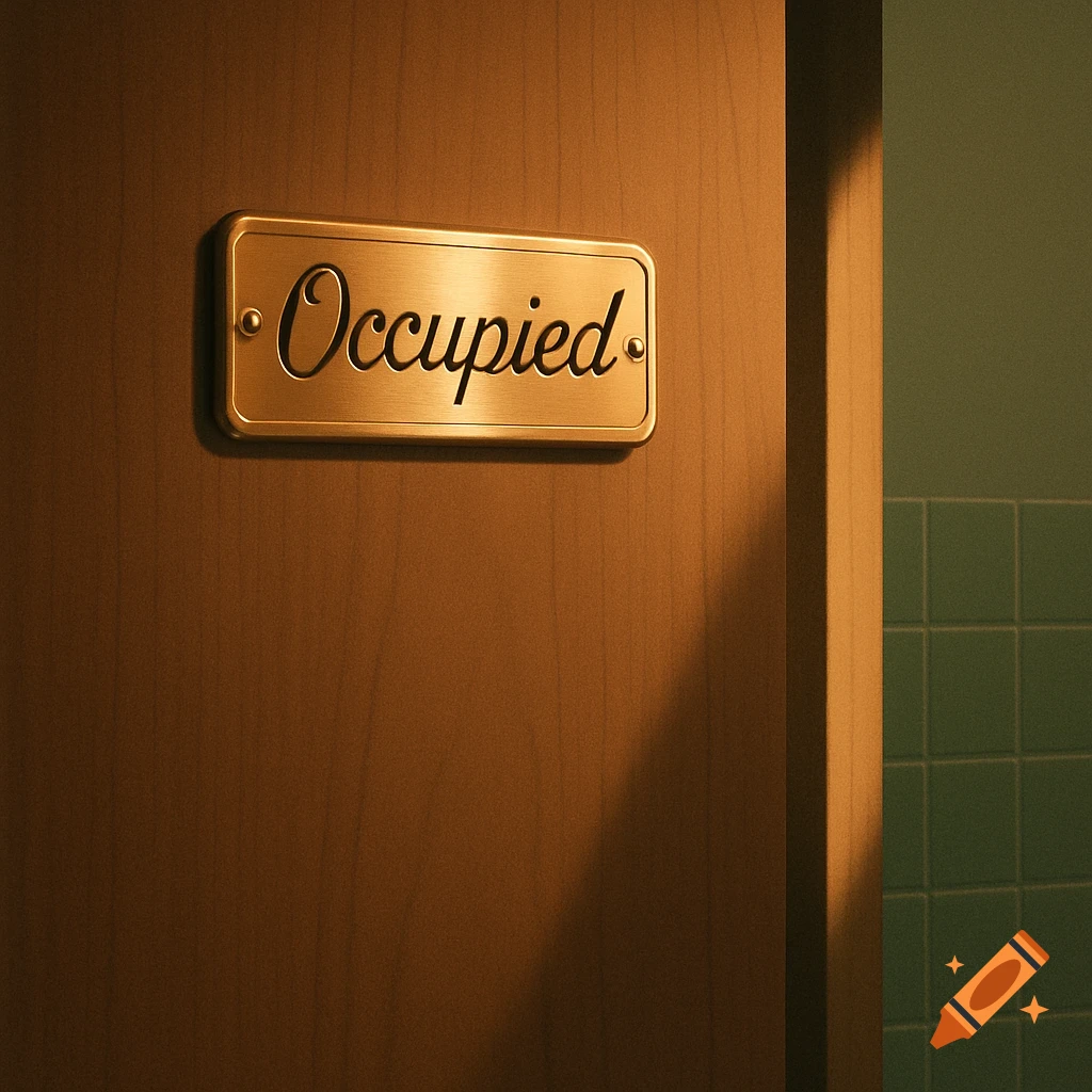 A gold "Occupied" sign on a wooden door, illuminated by a warm light source, next to a tiled wall.
