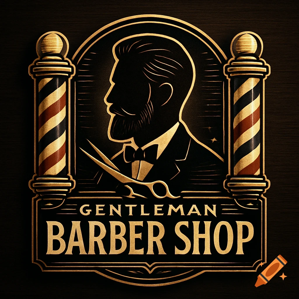Vintage barber shop logo featuring a gentleman's silhouette, scissors, and barber poles, with the text "GENTLEMAN BARBER SHOP".